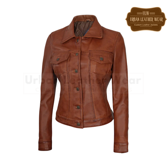 Shop our Ladies Leather Trucker Jacket in a classic Western style, perfect for casual wear.