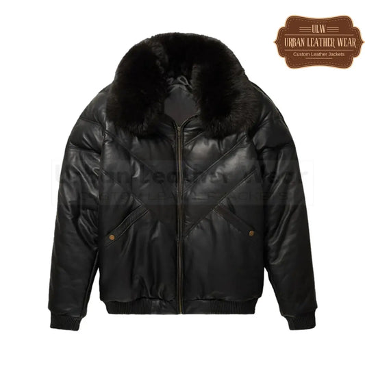 Leather V-Bomber Jacket Black with Black Fox Fur
