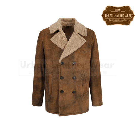 Double Breasted Jacket Shearling Leather Pea Coat URBAN LEATHER WEAR LTD