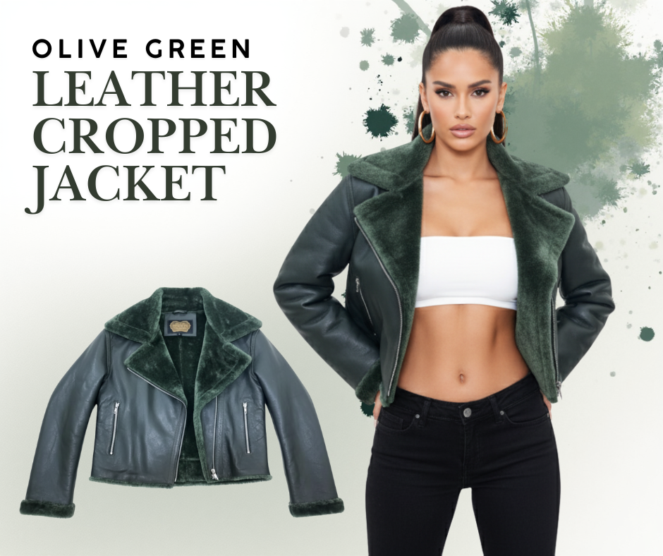 Model wearing Olive Green Shearling Cropped Bomber Jacket Women