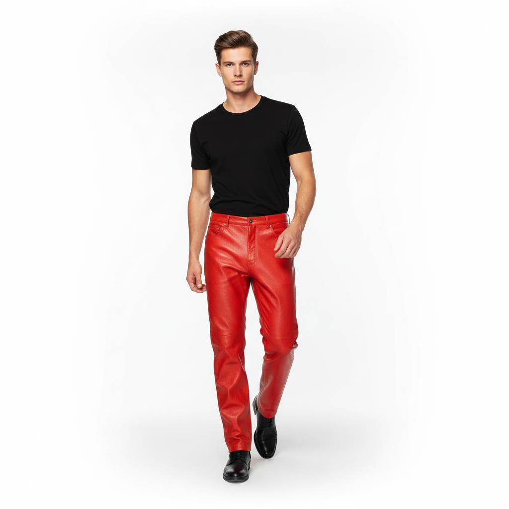 Front view of Leather Red Pant Retro Slim Fit Trouser