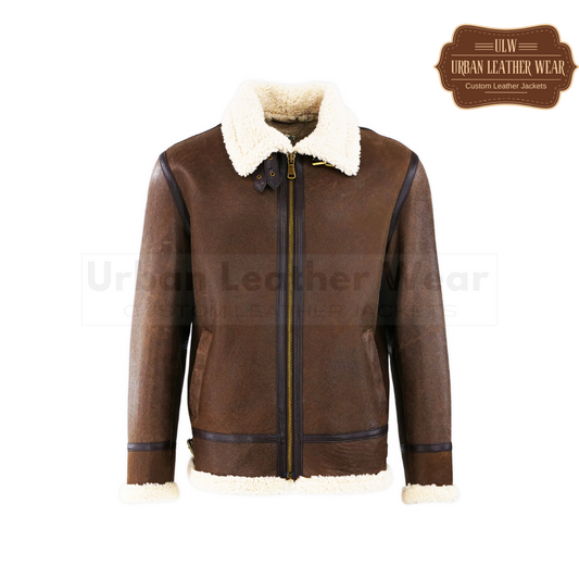 Men Shearling Leather Bomber Jacket Brown

