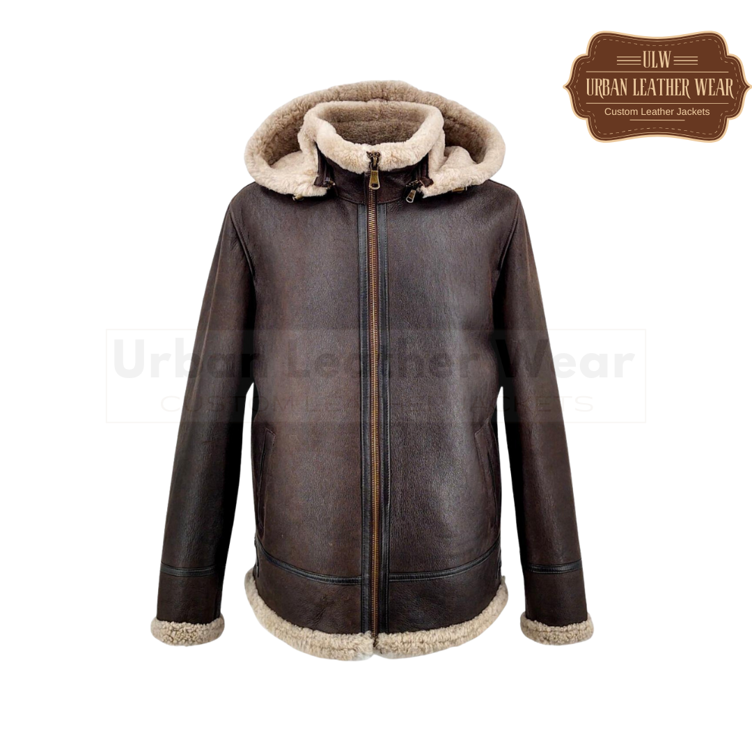 Men Shearling Leather Jacket with Hood Dark Brown
