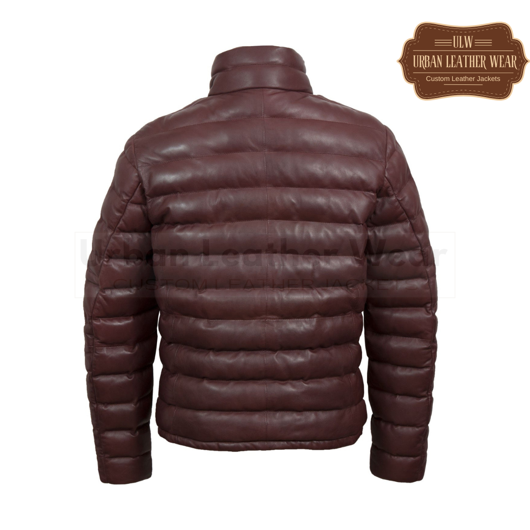 Men burgundy puffer leather jacket with a front YKK zip closure, two outer pockets, and soft polyester lining, showcasing a sleek and durable design.