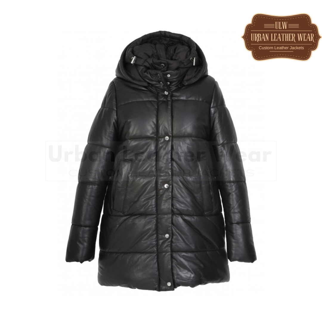 Women Real Leather Hooded Mid Long Coat

