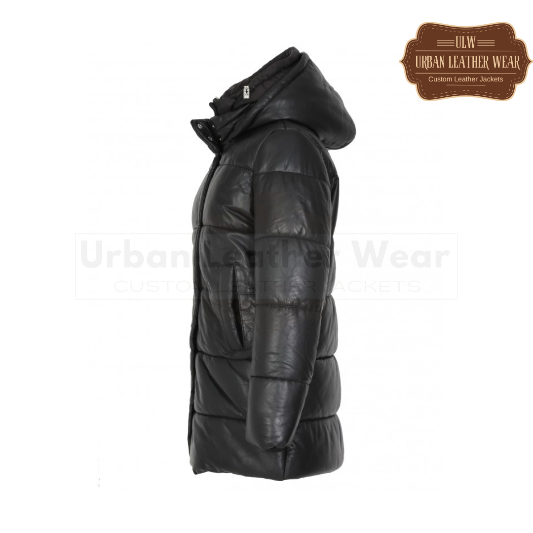 Women Real Leather Hooded Mid Long Coat

