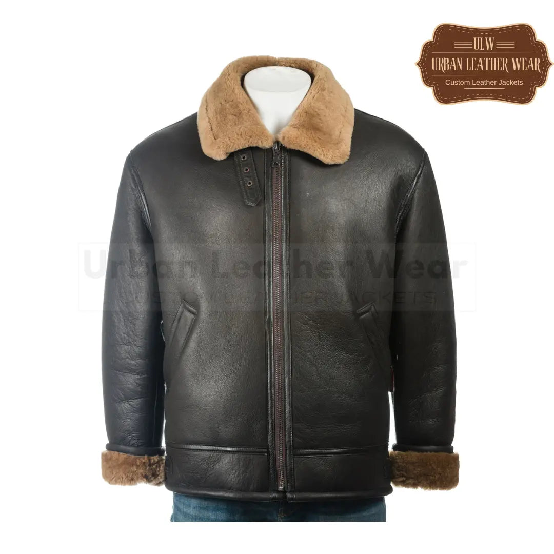 Men Brown and Ginger B3 Style Vertical Zip Aviator Pilot Flight Shearling Leather Jacket