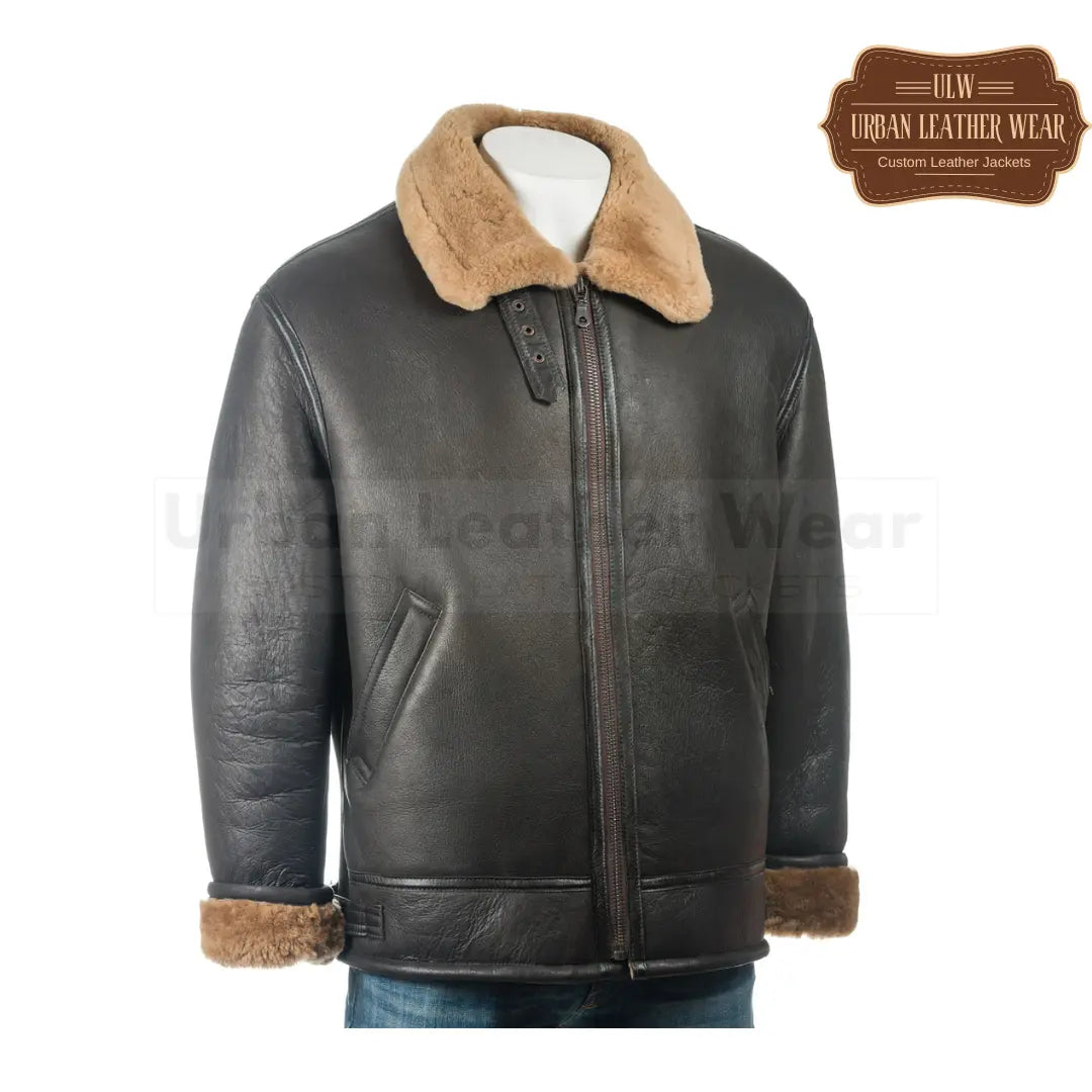 Men Brown and Ginger B3 Style Vertical Zip Aviator Pilot Flight Shearling Leather Jacket