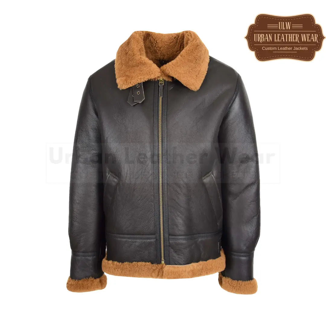 Men B3  Shearling Leather Jacket Detachable Hoodie Brown