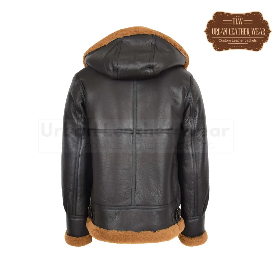 Men B3  Shearling Leather Jacket Detachable Hoodie Brown