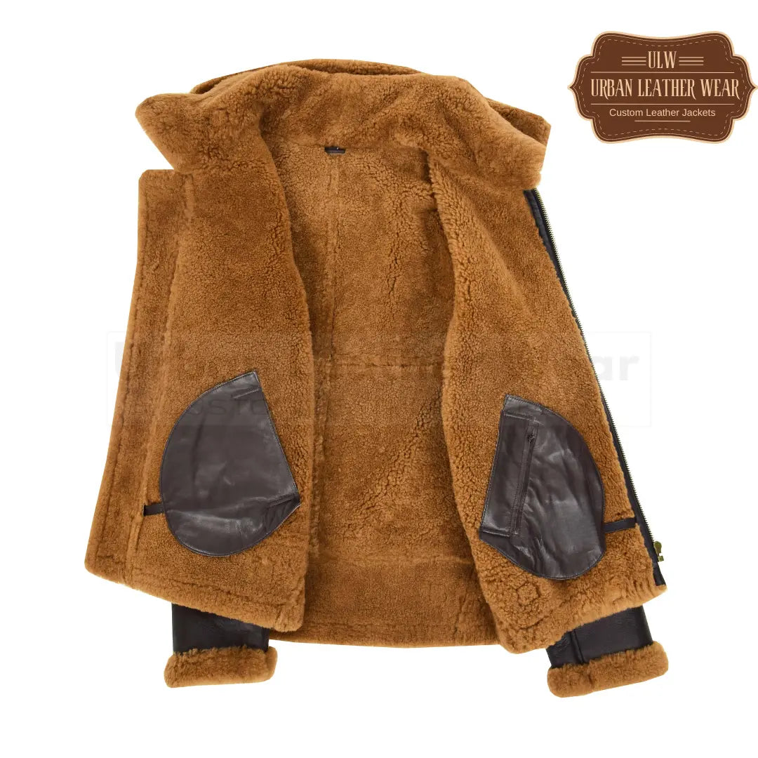 Men B3  Shearling Leather Jacket Detachable Hoodie Brown