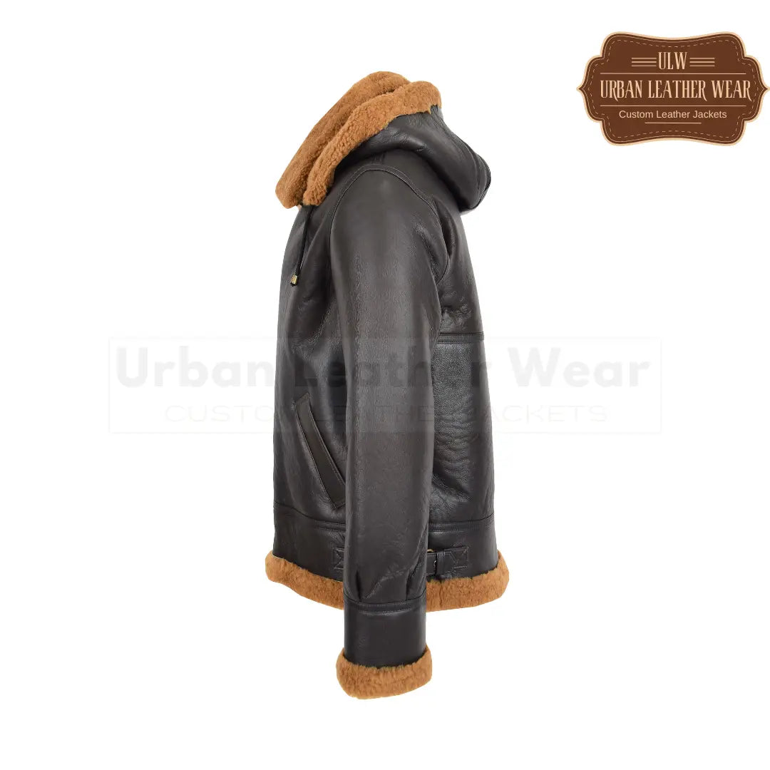 Men B3  Shearling Leather Jacket Detachable Hoodie Brown