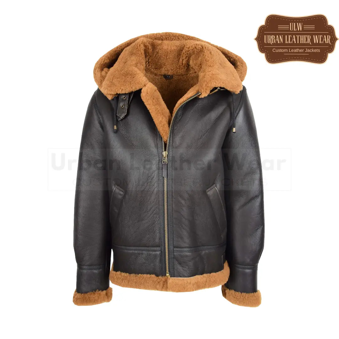 Men B3  Shearling Leather Jacket Detachable Hoodie Brown