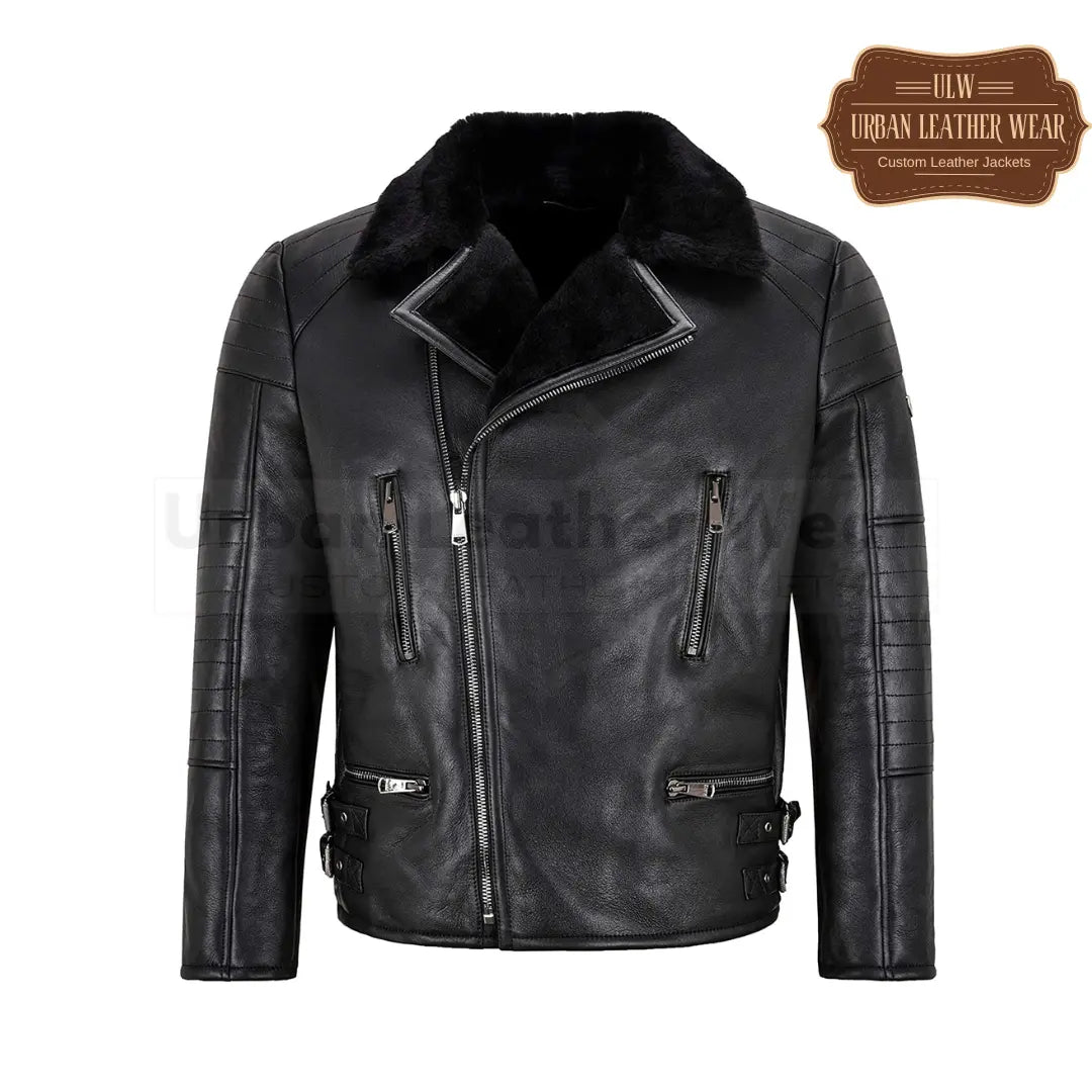 Men Biker Leather Shearling Fur Bomber Jacket Black