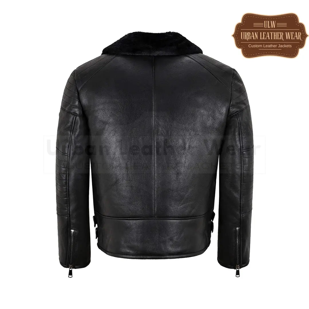 Men Biker Leather Shearling Fur Bomber Jacket Black