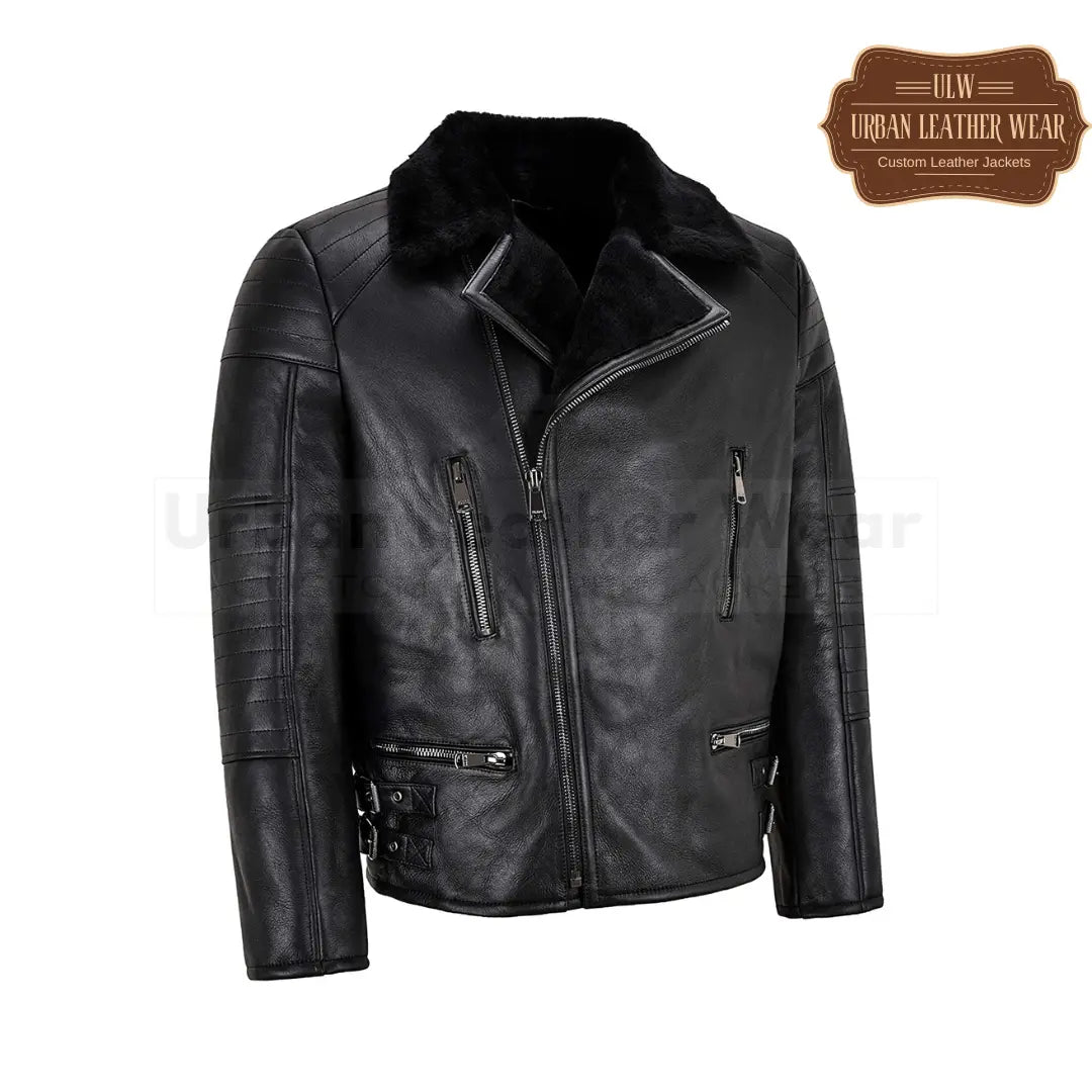 Men Biker Leather Shearling Fur Bomber Jacket Black