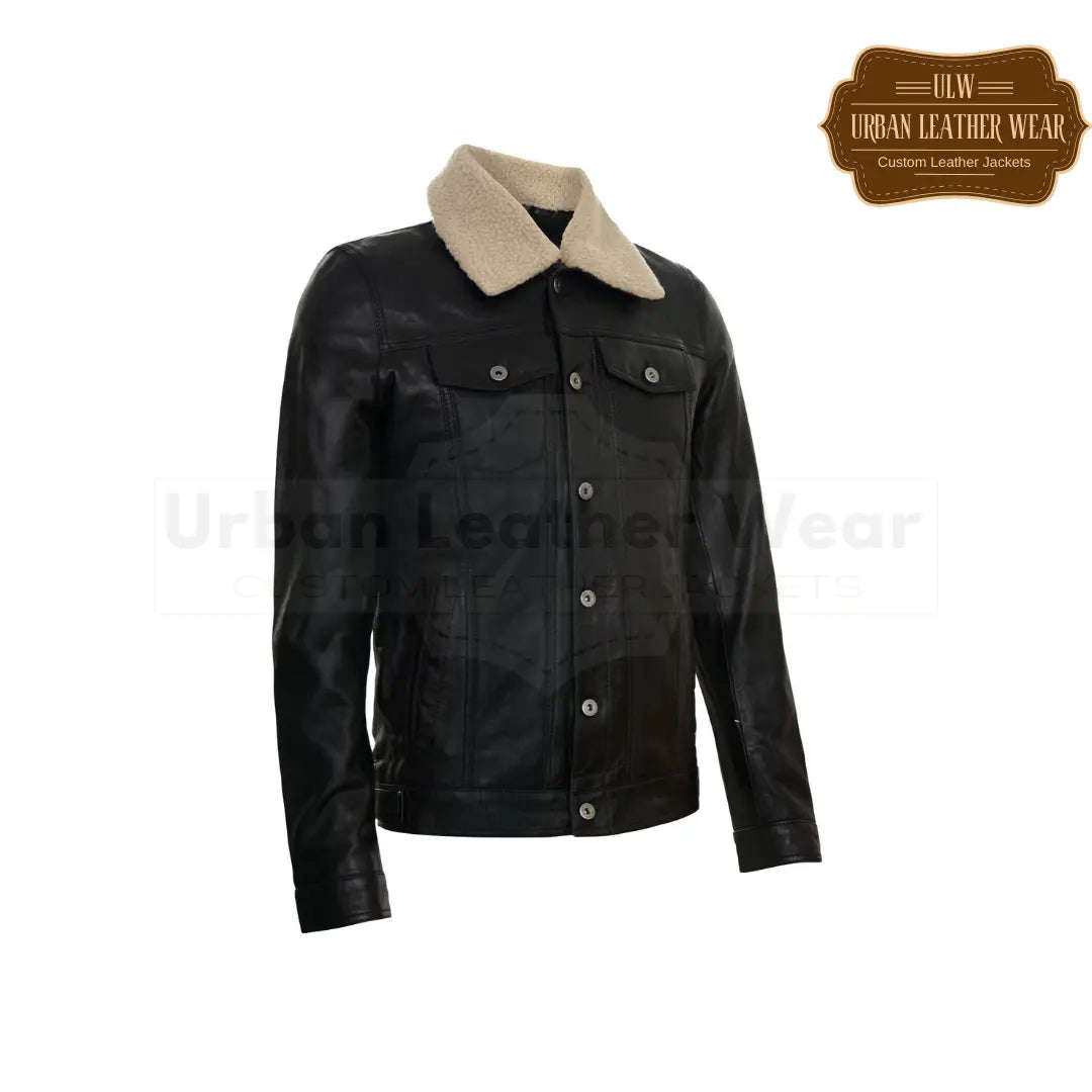 Shop our Men Black Leather Trucker Jacket. The removable shearling collar adds a touch of luxury,