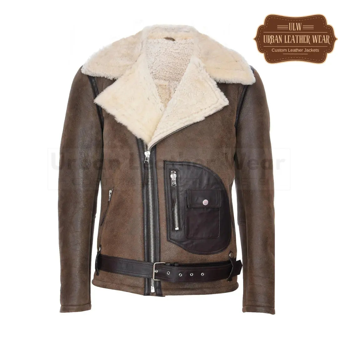 Men Brown Shearling Biker Leather Jacket
