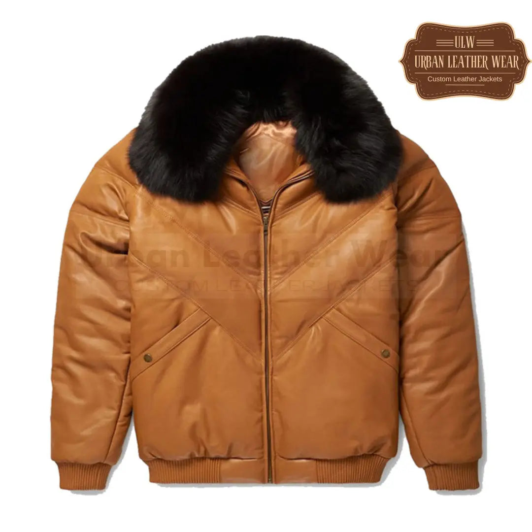 Men Camel Cognac Leather V-Bomber puffer Jacket