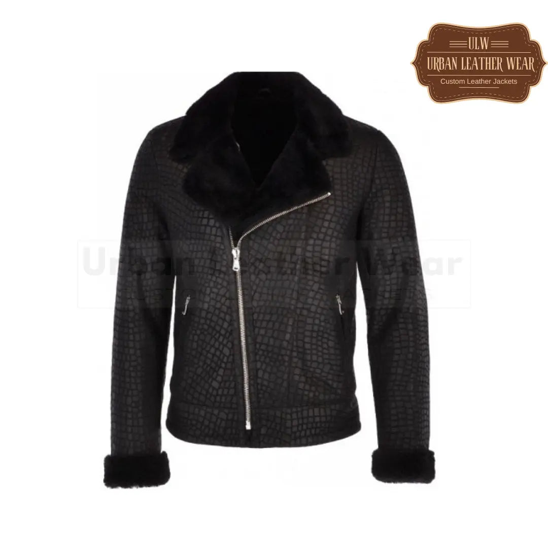 Men Crocodile Print Shearling Leather Coat Black

