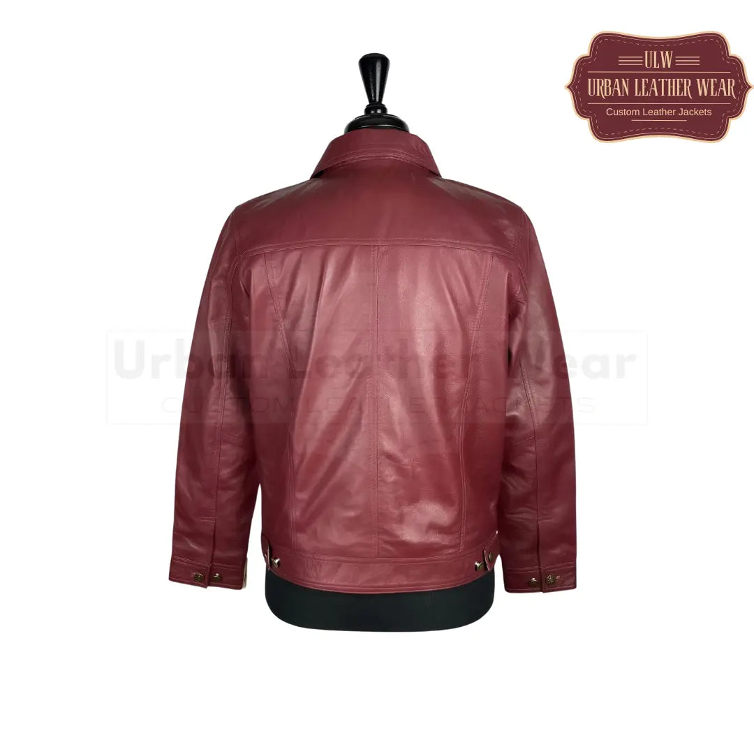 Shop our Men Denim Burgundy Leather Trucker Jacket. Made with high-quality denim and genuine leather,