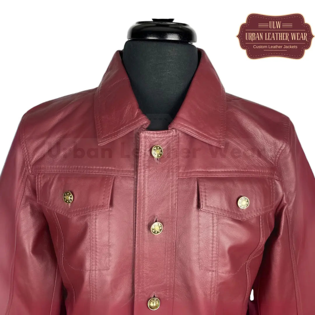 Shop our Men Denim Burgundy Leather Trucker Jacket. Made with high-quality denim and genuine leather,