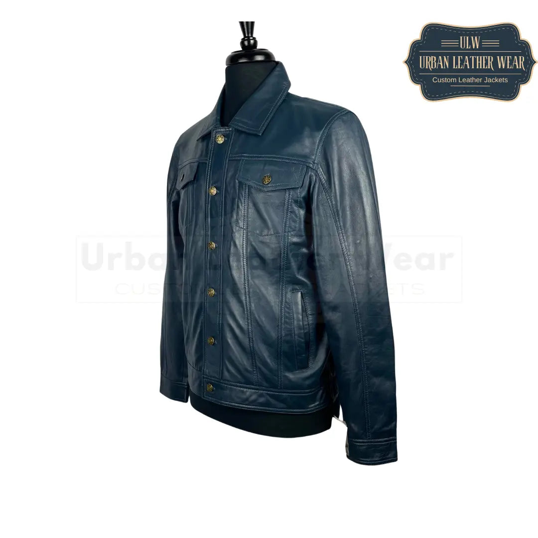 Shop our Men Denim Style Blue Leather Trucker Jacket.