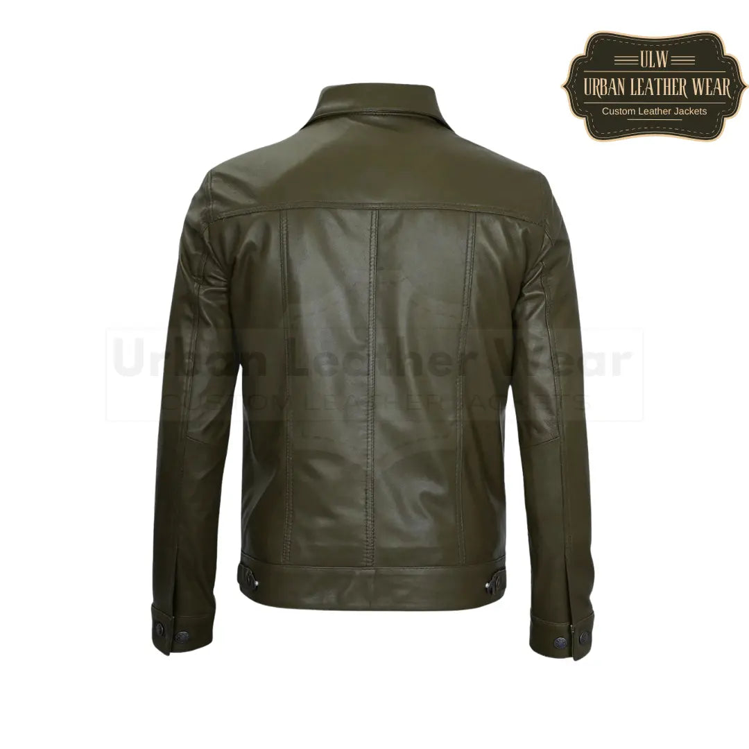 Shop our Men Four Pockets Olive Green Leather Trucker Jacket