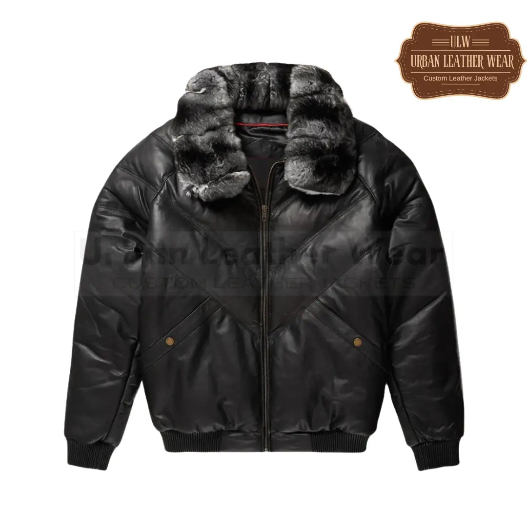 Men Leather Chinchilla Collar V Bomber Jacket (Black)

