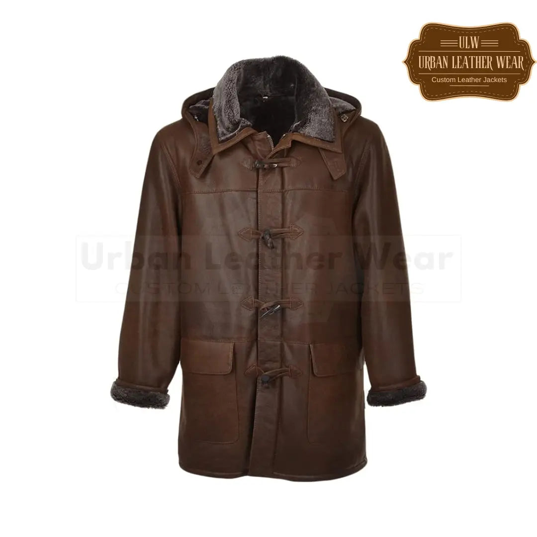 Stay warm and stylish this winter with our Men Leather Detachable Shearling Hood Duffle Trench Coat