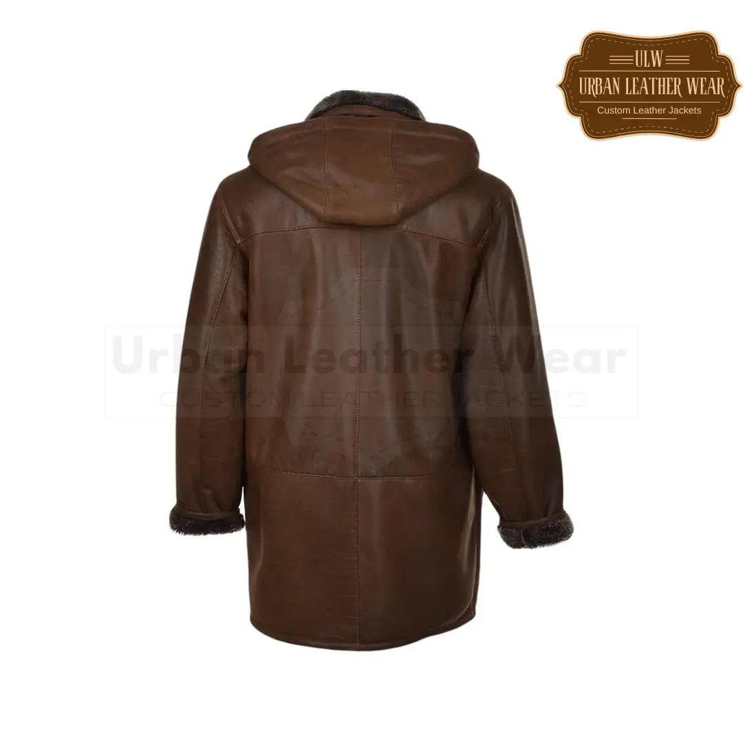 Stay warm and stylish this winter with our Men Leather Detachable Shearling Hood Duffle Trench Coat