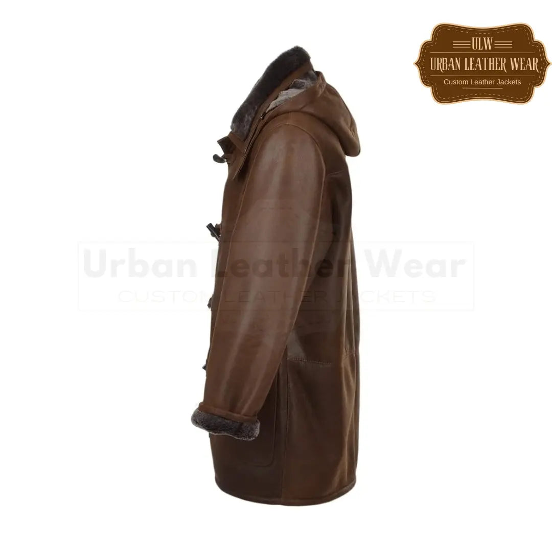 Stay warm and stylish this winter with our Men Leather Detachable Shearling Hood Duffle Trench Coat