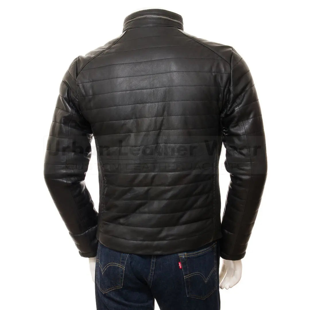 Black Men's Leather Puffer Jacket with front YKK zip, featuring a sleek design and two outer pockets, ideal for winter warmth and style.