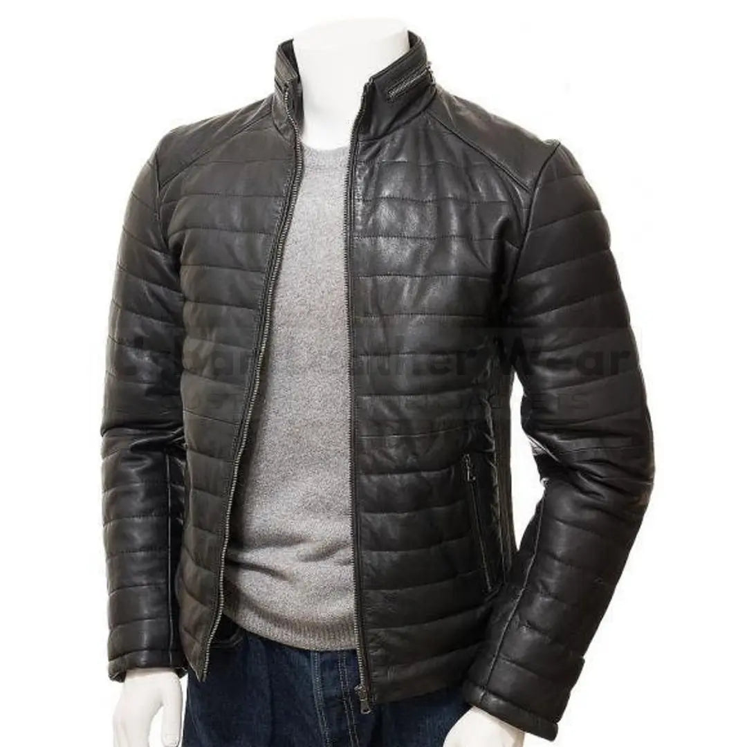 Black Men's Leather Puffer Jacket with front YKK zip, featuring a sleek design and two outer pockets, ideal for winter warmth and style.