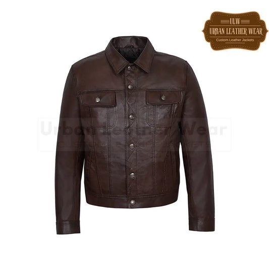 Men Leather Trucker Jacket American Denim style Shirt Brown