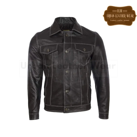 Shop Men's Leather Trucker Jacket with Black and White Stitches