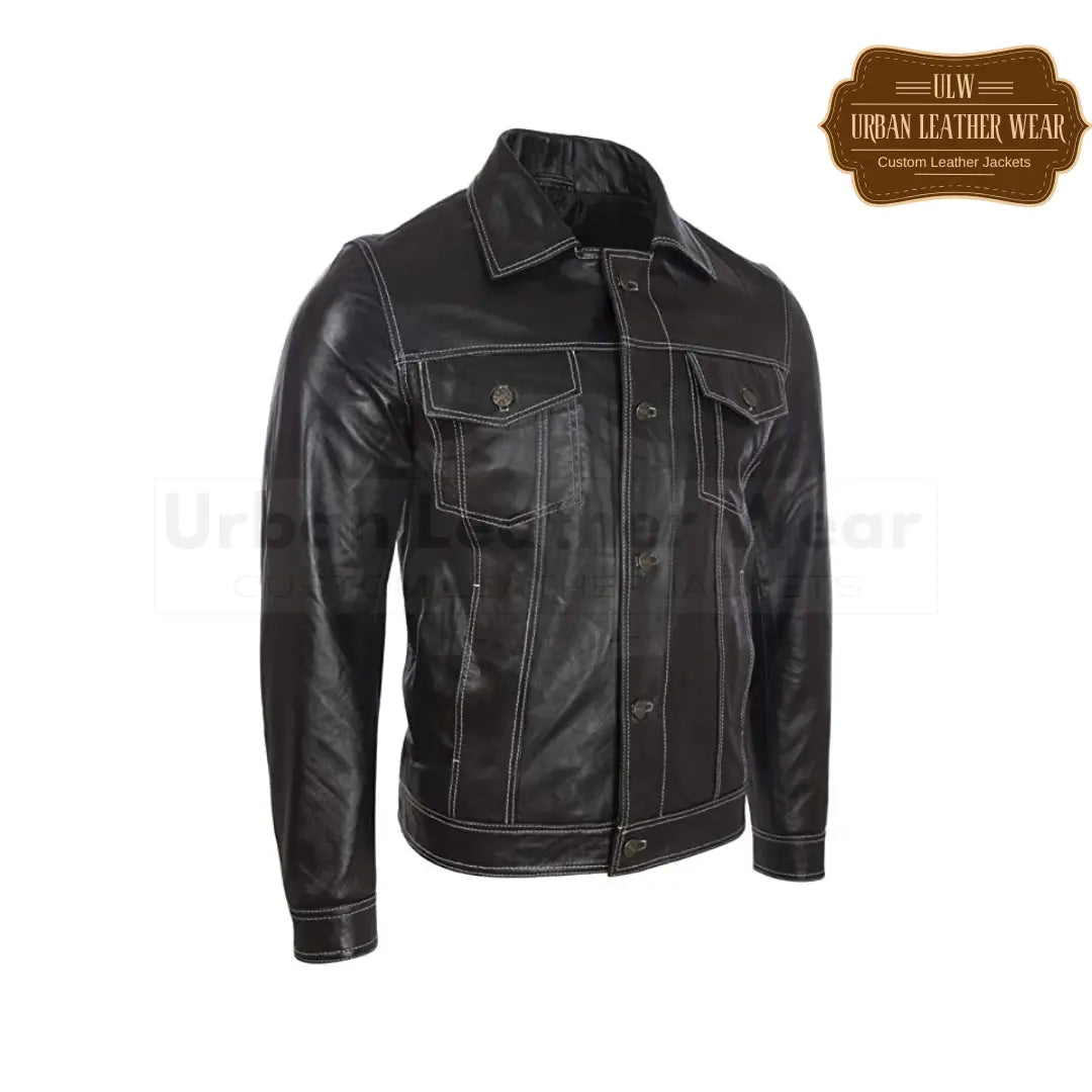 Shop Men's Leather Trucker Jacket with Black and White Stitches