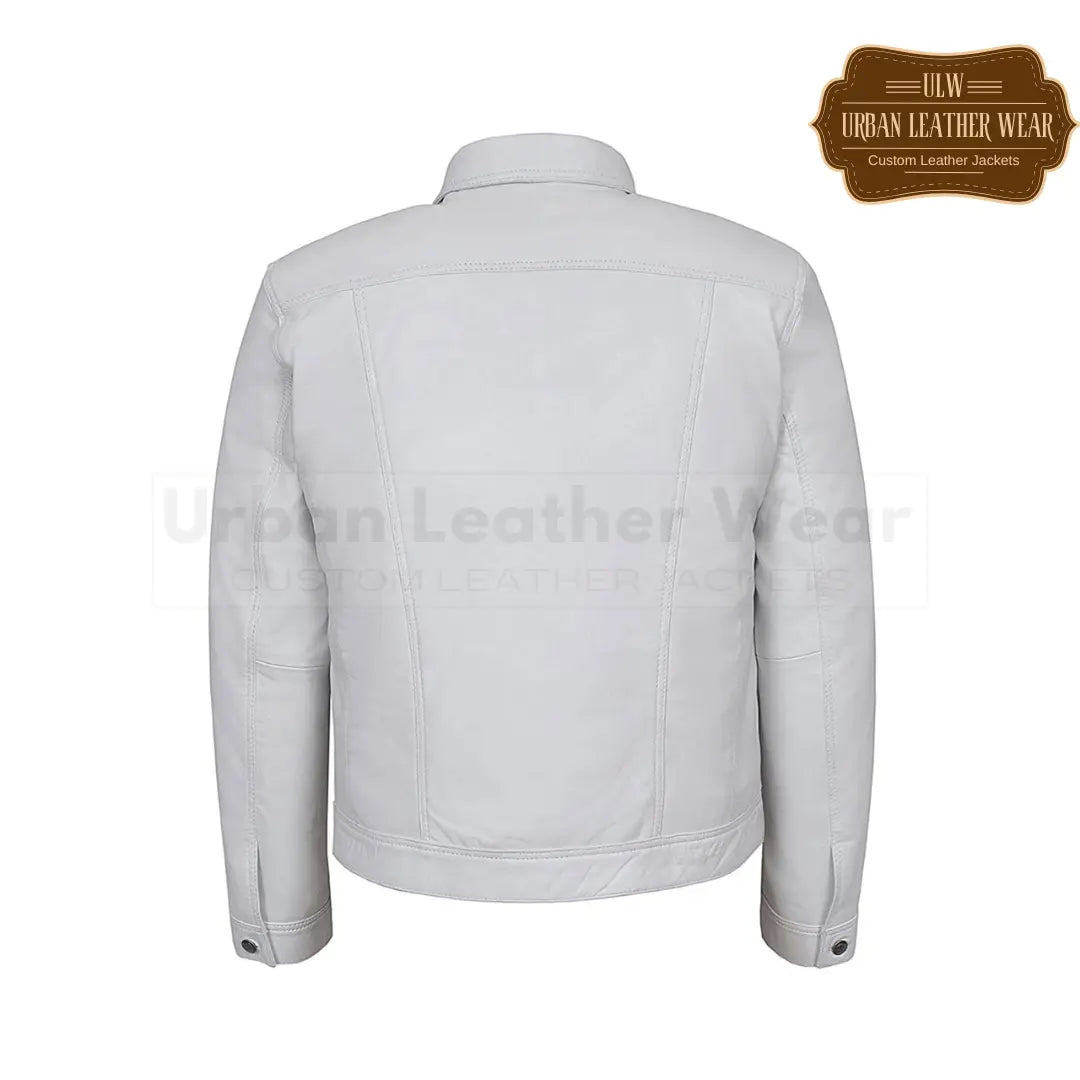 Men Leather Trucker Jacket Denim Jacket White