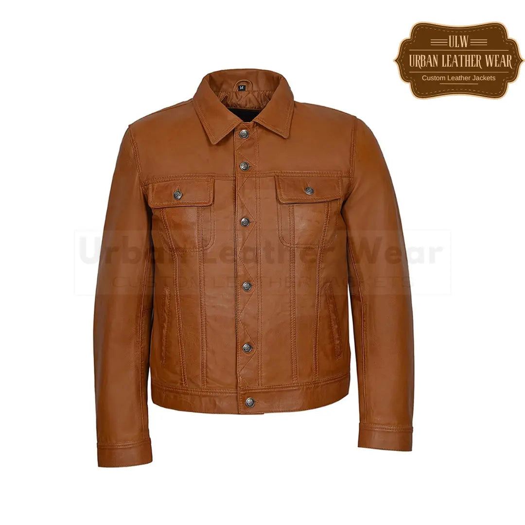 Men Leather Trucker Jacket Denim style Shirt Cognac Tan
