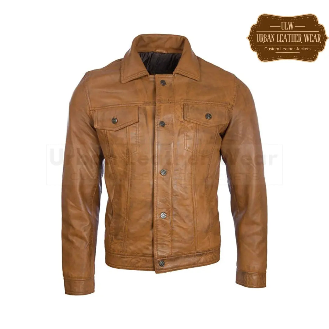 Shop our Men Leather Trucker Jacket in black and tan