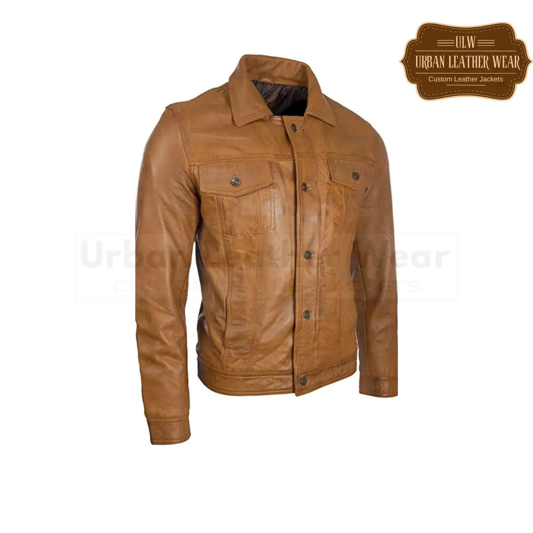 Shop our Men Leather Trucker Jacket in black and tan