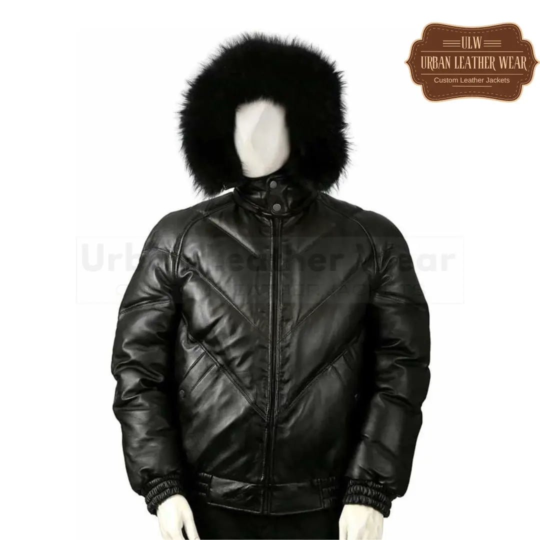 Men Leather V Bomber Jacket With Hood