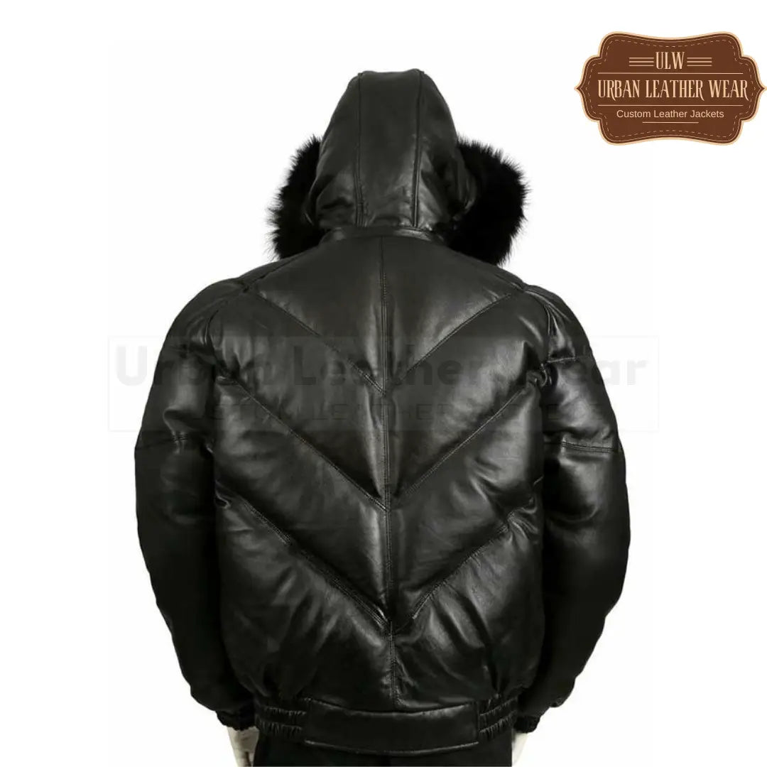 Men Leather V Bomber Jacket With Hood