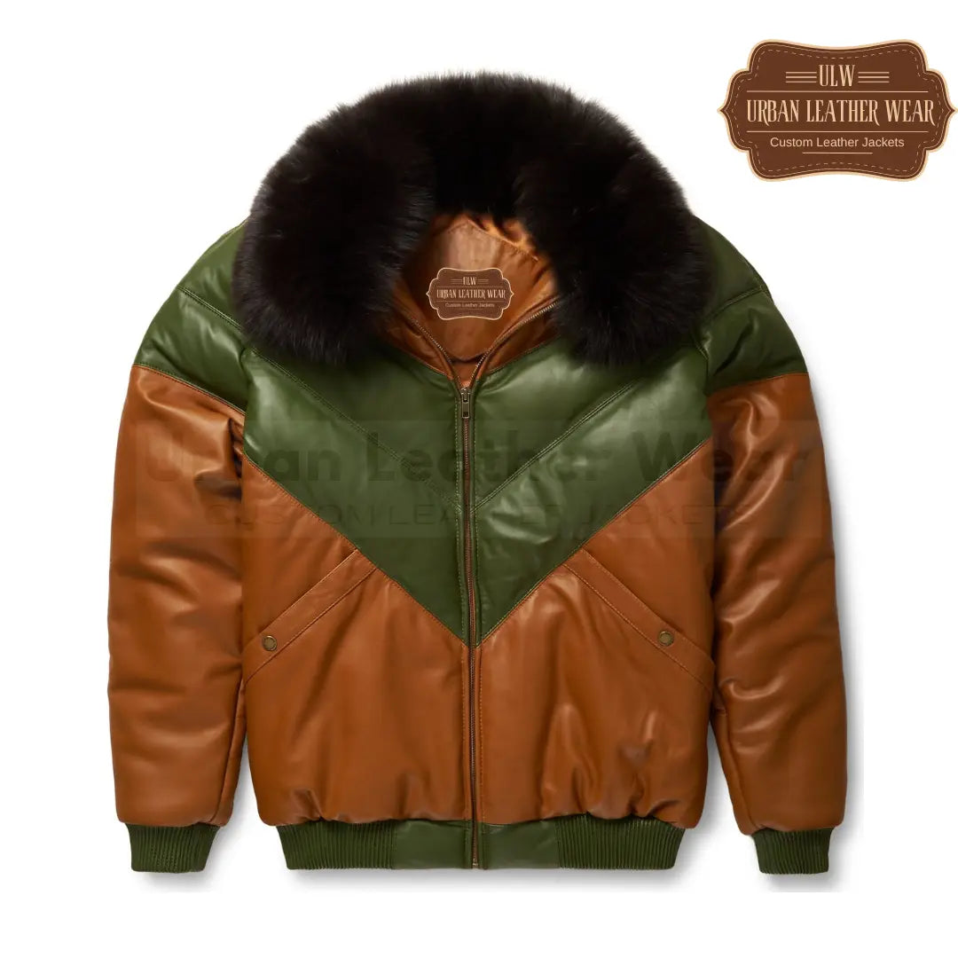 Men's Leather V-Bomber Jacket in a sleek brown and green colot