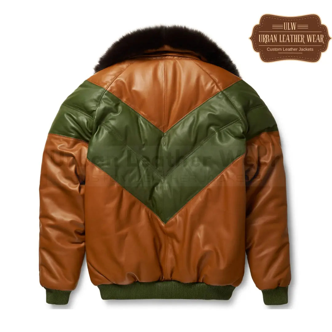 Men's Leather V-Bomber Jacket in a sleek brown and green colot