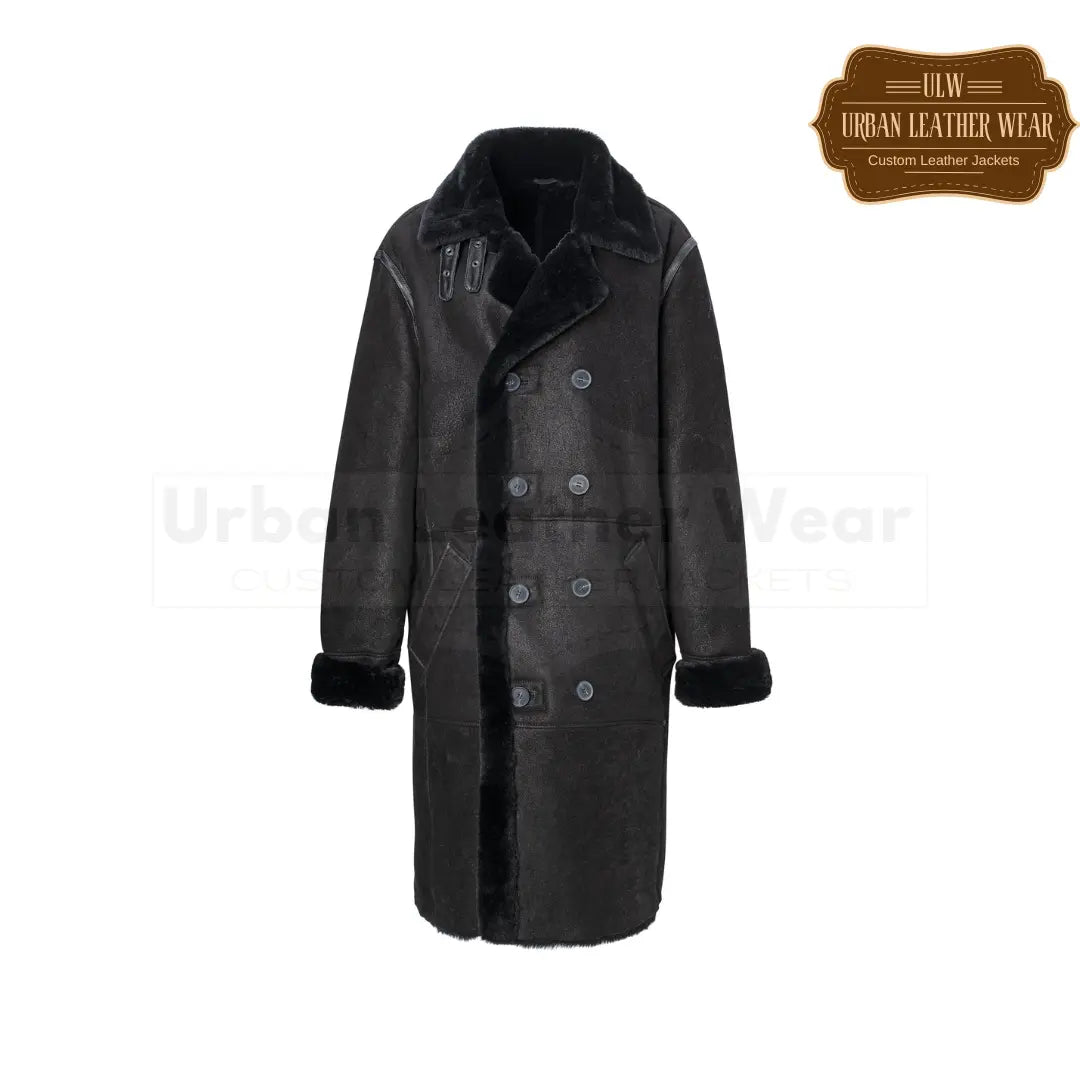 Shop our Men Long Double Breasted Shearling Coat. This elegant black coat is crafted with soft shearling Leather