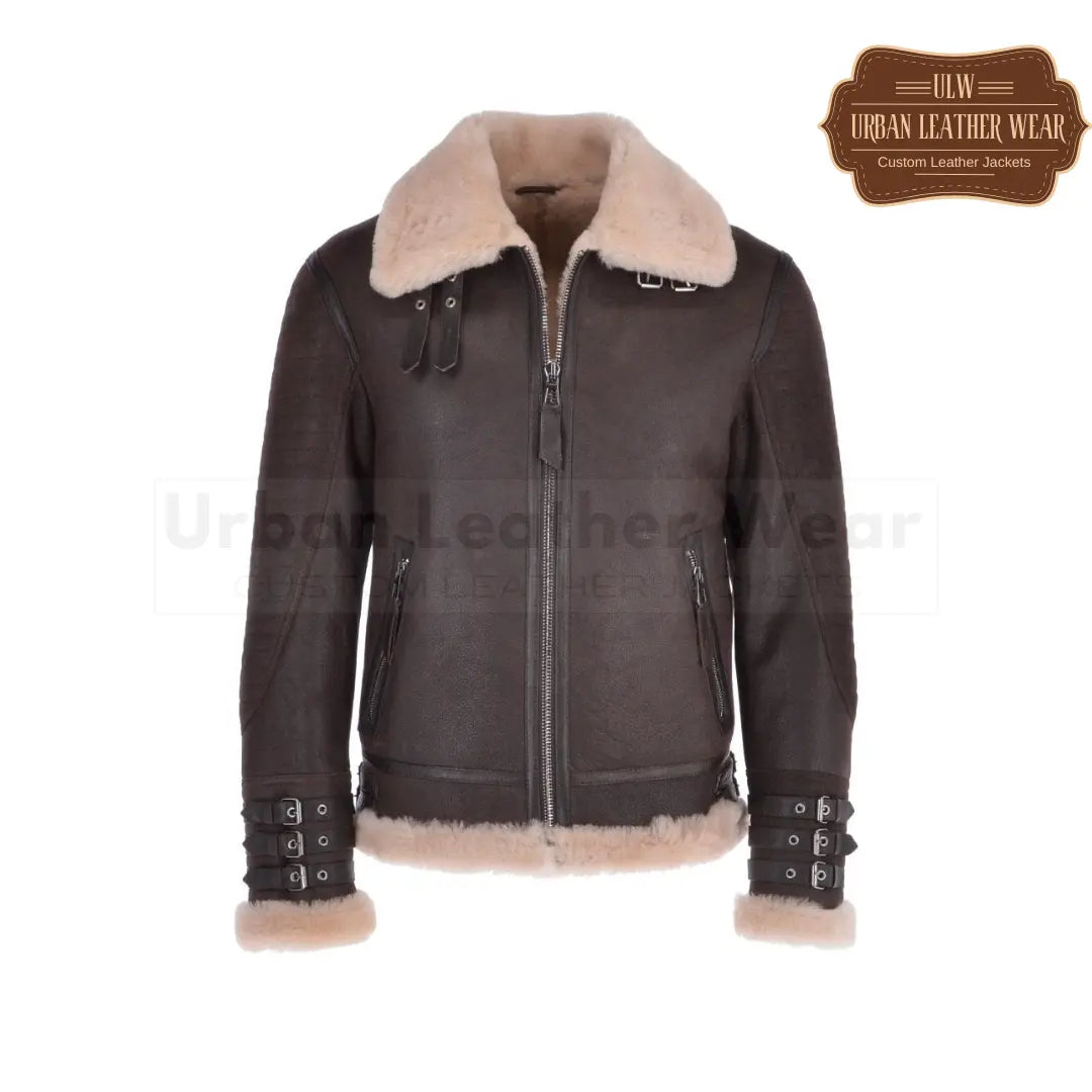 Men Luxury Shearling Biker Flying Jacket Brown