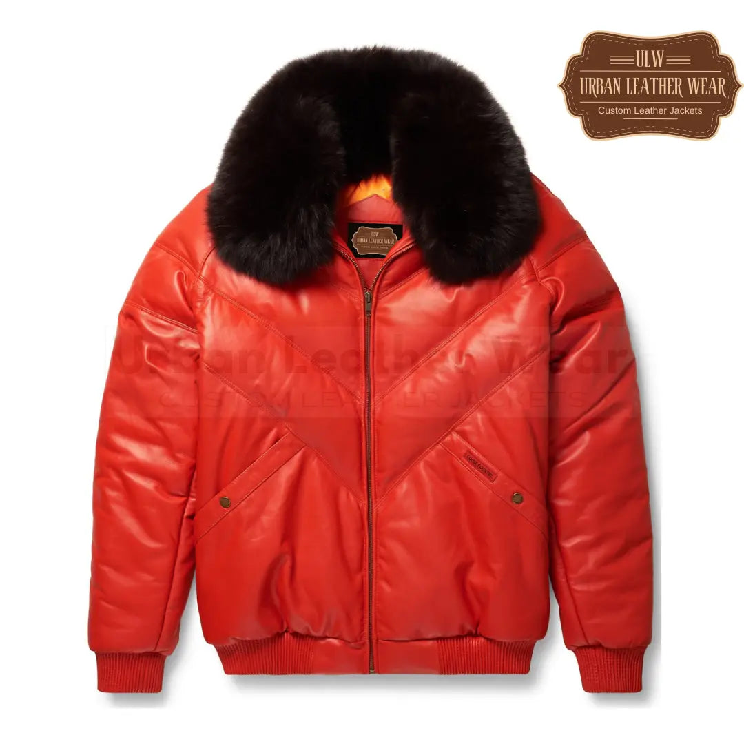 Men Orange Leather V-Bomber Jacket