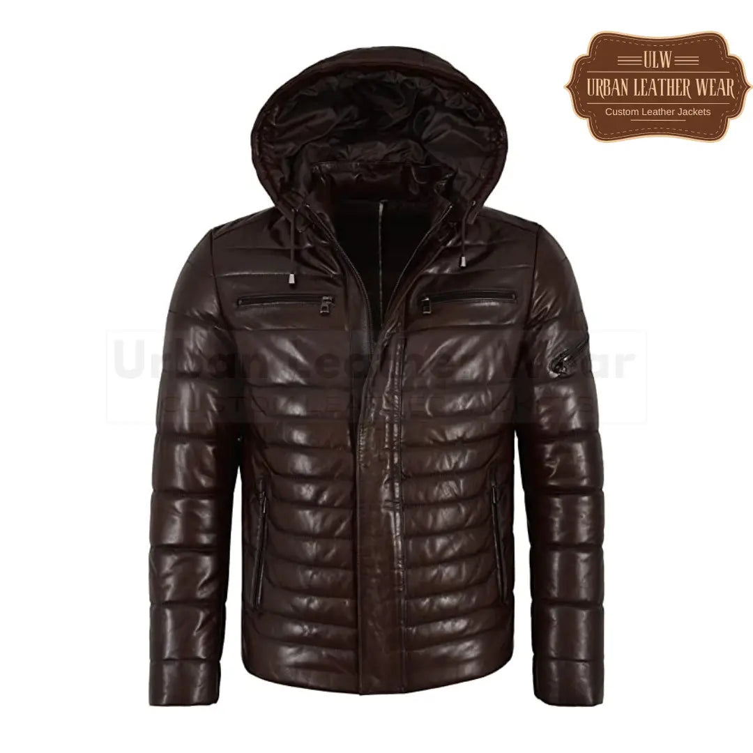 Men Puffer Hooded Lambskin Leather Jacket (Brown)

