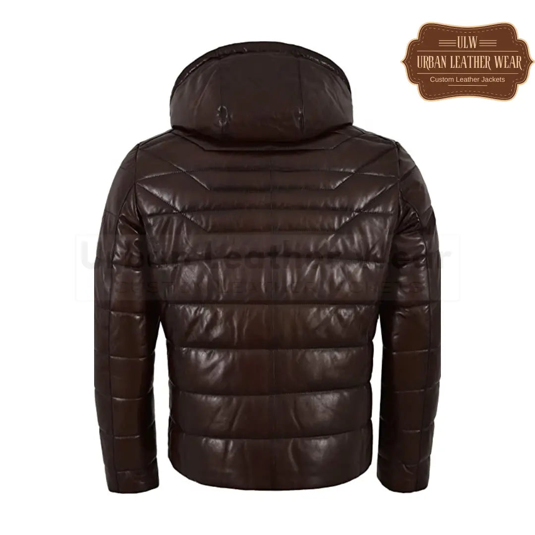 Men Puffer Hooded Lambskin Leather Jacket (Brown)

